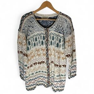 C11- Knit Patterned Cardigan Sweater with Forest and Animal Design